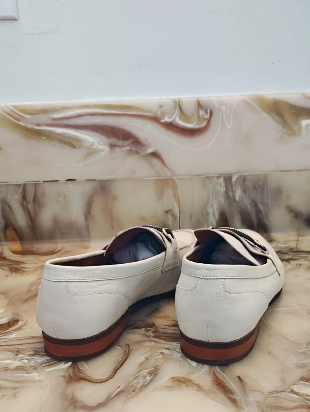 Aldo White Leather Slip-On Loafers with Gold-Toned Bit